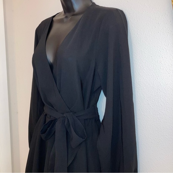 NEW Formal Black Bow Faux Wrap Long Sleeve Sexy Fit Flare Spring Cocktail Dress - Picture 5 of 17